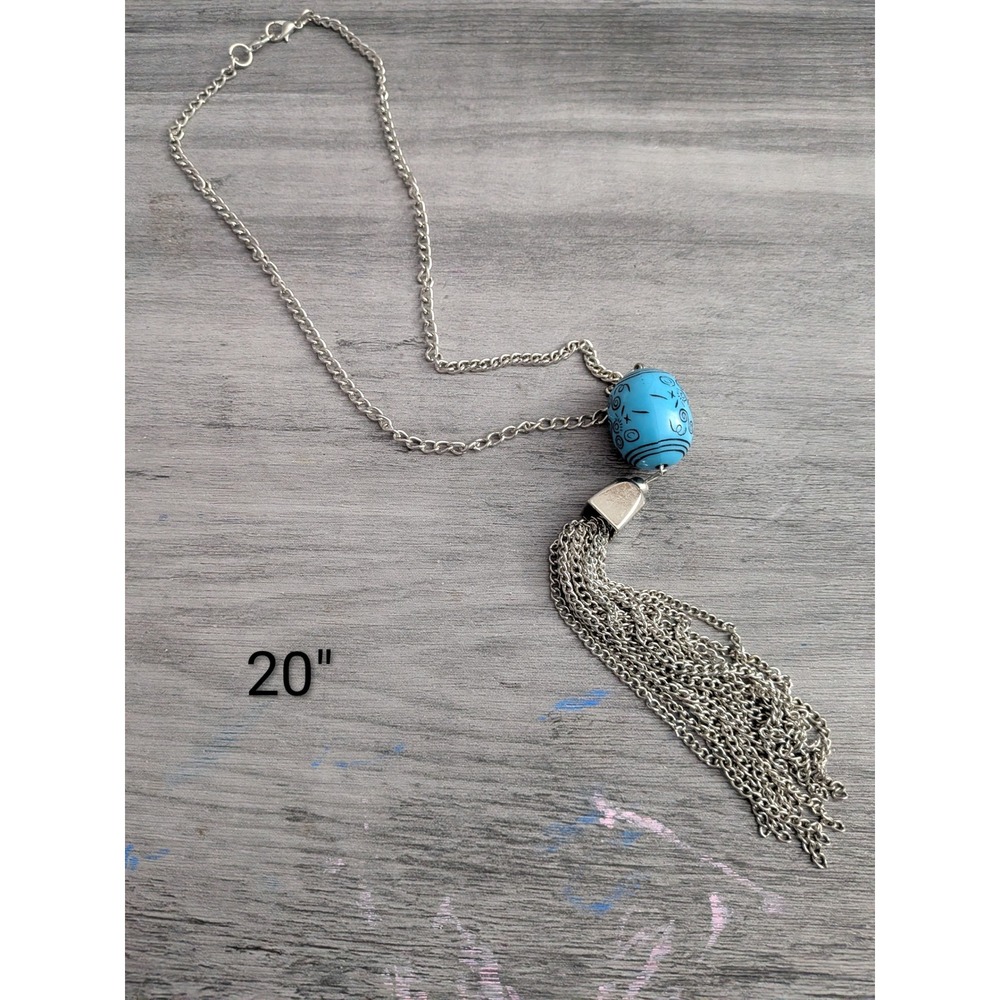 Boho Silver Tone Blue Etched Bead Tassel Pendant Necklace 20 Inch